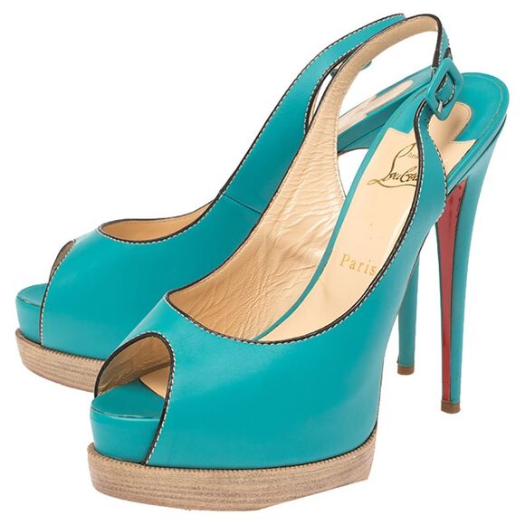 Christian Louboutin Turqouise Leather Peep Toe Platform Slingback Sandals - Picture 4 of 4